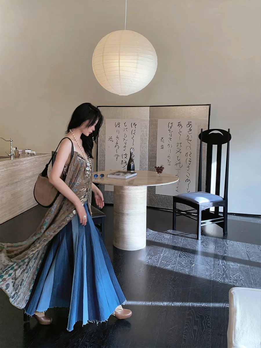 

Юбка-полусолнце Dangdang «Lingdong Human Fish» супербольшого размера, с цветными блоками, джинсовая, в полоску, с высокой талией, из хлопка, повседневная