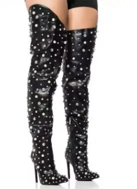 Luxury Women Black Leather Pearl Bling Crystal Rhinestone Pointed Toe Stiletto Heel Over The Knee Boots Sexy Thigh Long Boots