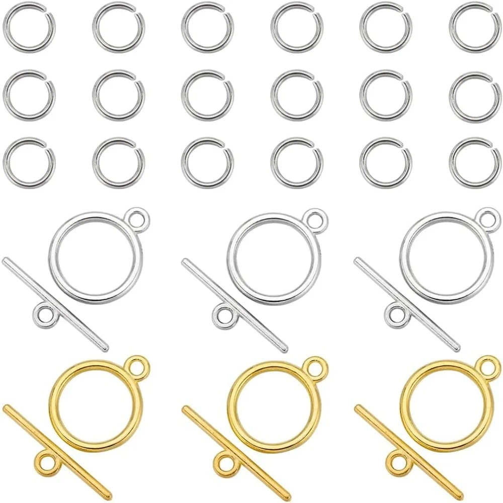 1 Box 60 Sets OT Clasps Gold Toggle Clasp 200Pcs Stainless Steel Open Jump Rings Tibetan Silver Alloy Round Metal making kit