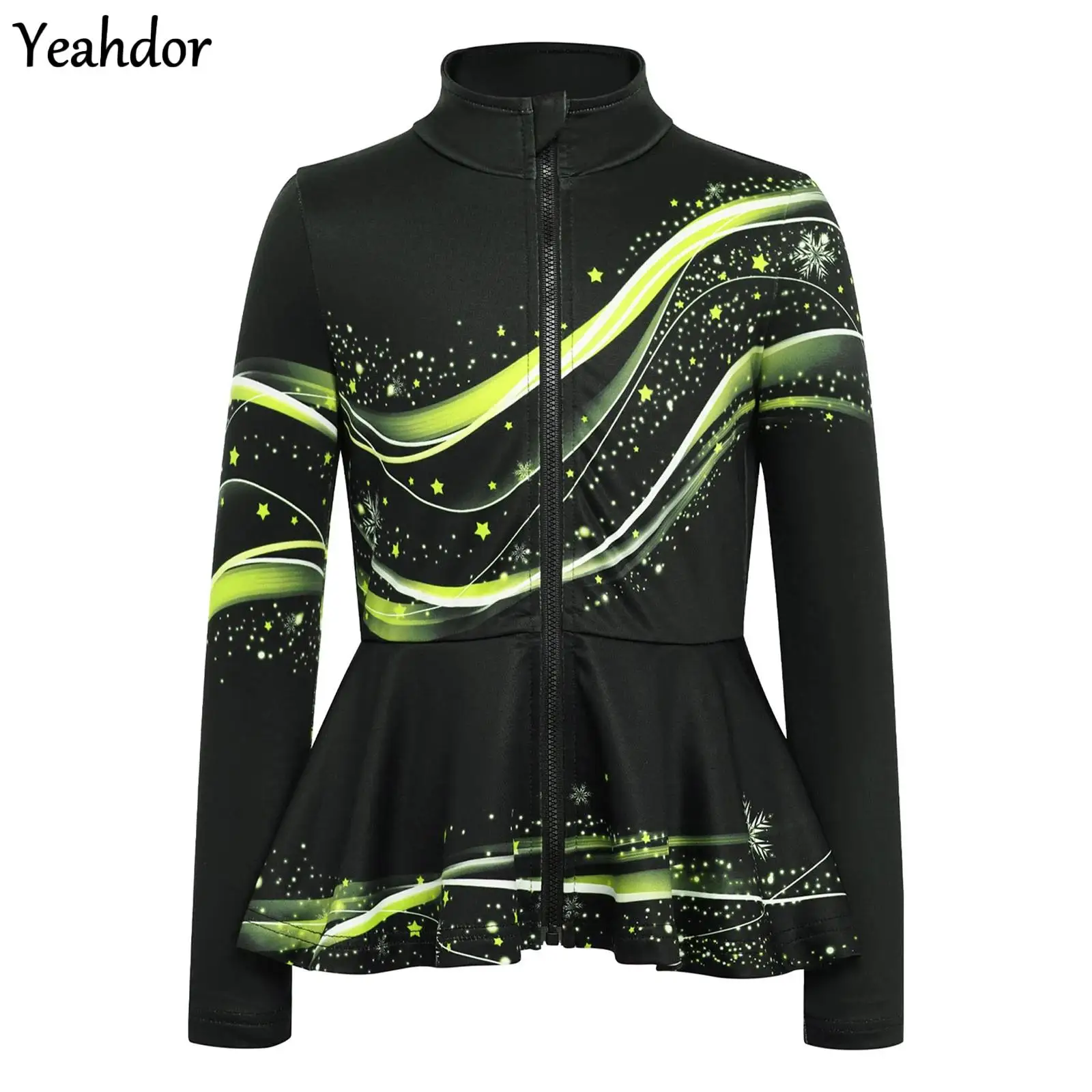 

Girls Stylish Print Figure Skating Jacket Sweatshirt Long Sleeve Zipper Peplum Fleece Lined Ballet Dance Gymnastics Outerwear