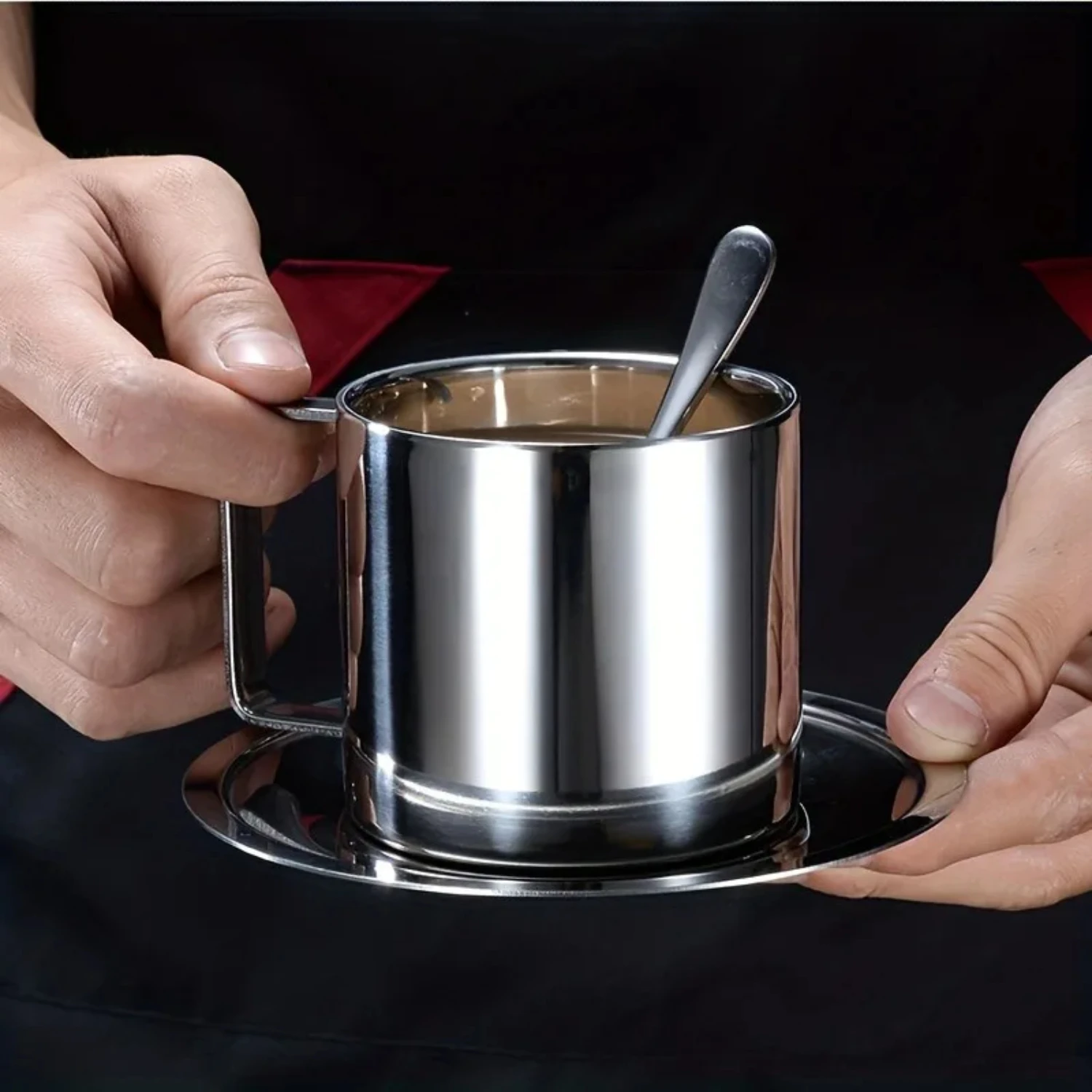 3pcs Set 304 Stainless Steel Coffee Cup With Plate and Spoon Coffee Cup Set Double-layer Heat Insulation Multi-purpose Milk Cup