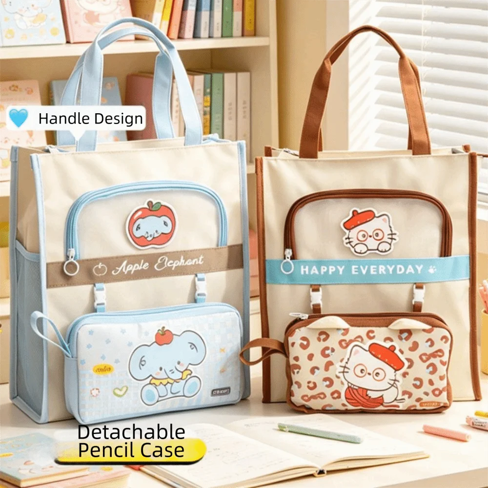 Kawaii Cute Animals Tote School Bag Oxford Cloth Handheld Multi-layer File Organizer Detachable Pencil Case Large Capacity