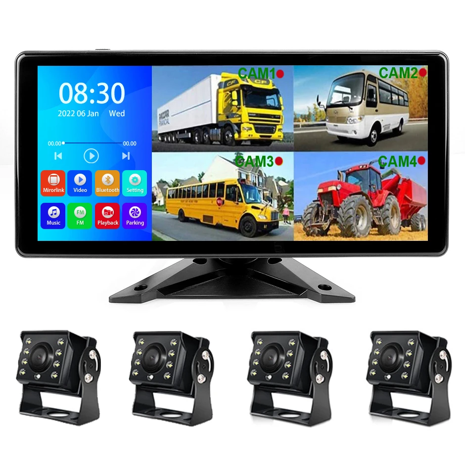 

10.36 Inch 4 Channels Split Screen Car MP4 DVR Recorder Monitor With AHD Front Rear Backup Camera For Truck/Bus/Trailer/RVs