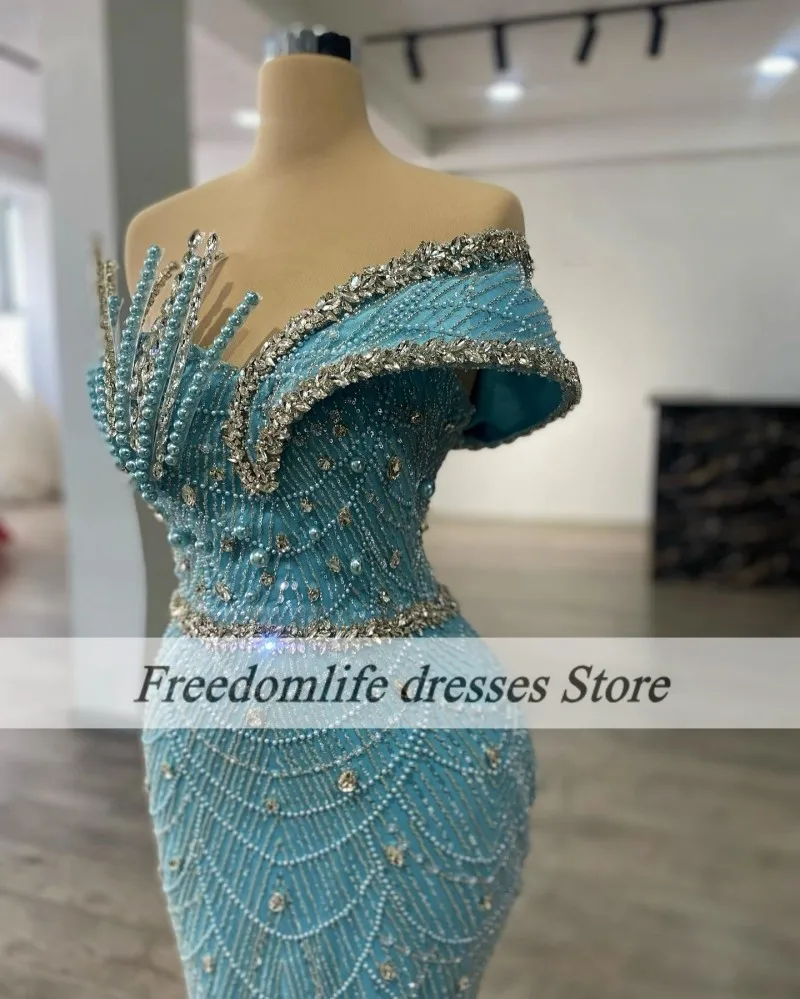 Light Blue Evening Dresses For Women Luxury Beading Crystal Wedding Party Dress Guests Short Sleeves Prom Gowns Customized