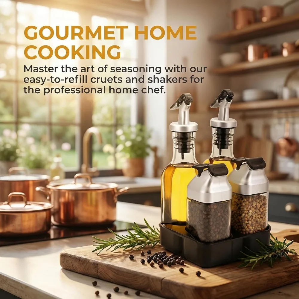 5 Pcs Oil & Vinegar Dispenser Set with Caddy Stand, Glass Salt Pepper Shakers, Drip-Free Pour, Ideal for Kitchen Dining Travel view 4