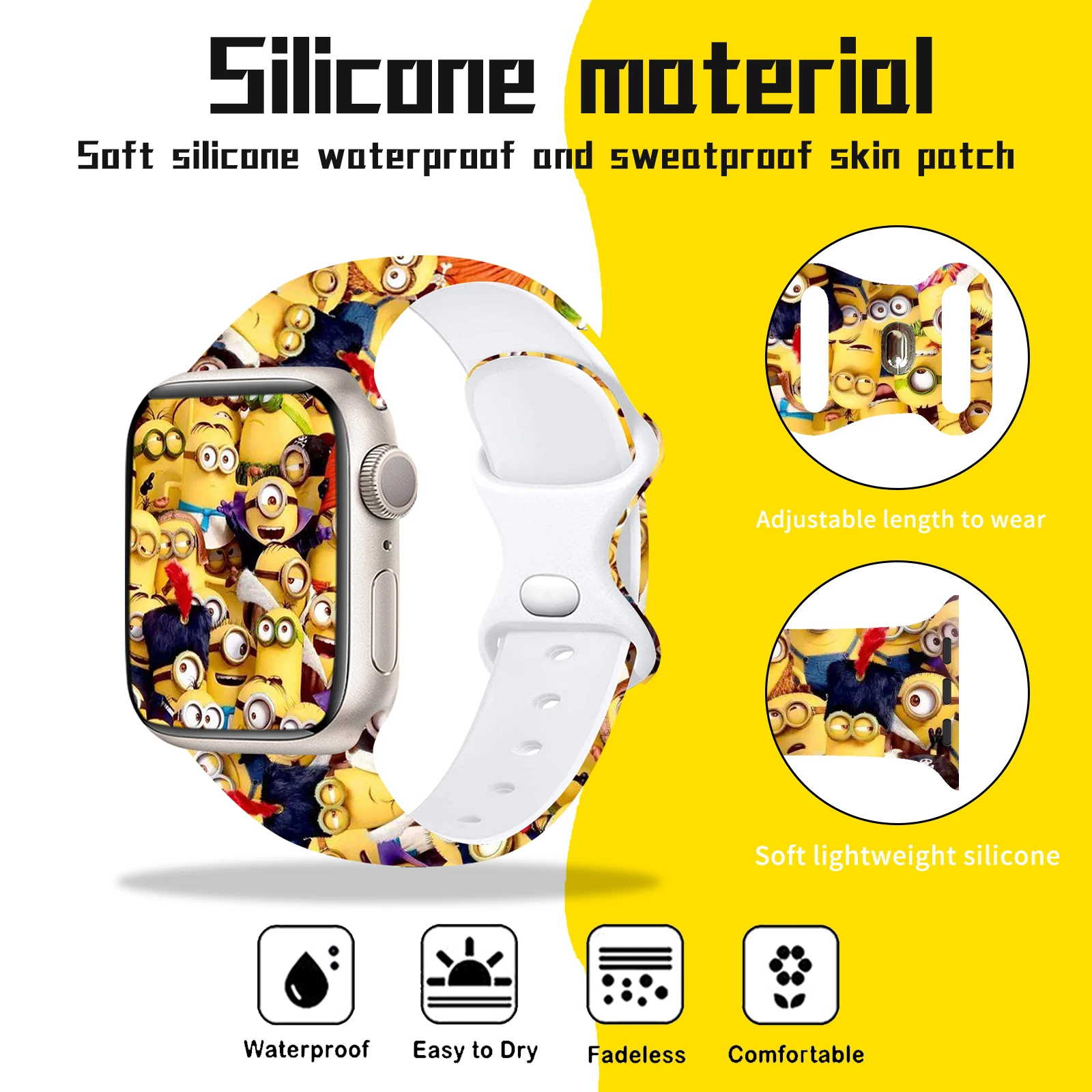حزام طباعة سلسلة الذاكرة الكلاسيكية من Minions لساعة Apple 11/10/9/8/SE، سوار سيليكون بديل ناعم مقاوم للماء 45 مم/44 مم/42 مم