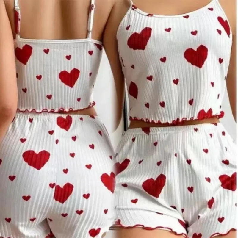 

Sexy Sleepwear Women Pajamas Set Heart Print Silk Stain V-Neck Sleeveless Casual Cami Top and Shorts Sets Home Suit Loungewear