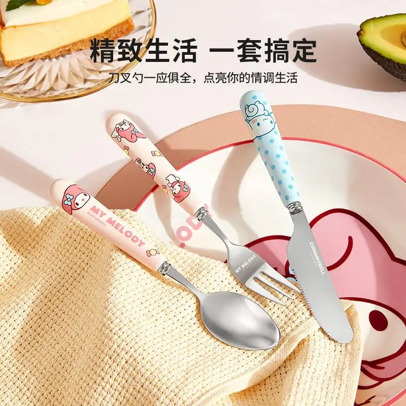 سانريو ماي ميلودي سينامورول هالو كيتي شوكة ملعقة منتج جديد ضرب المنتج Kawaii الكرتون المحمولة طالب الكبار الطفل لطيف
