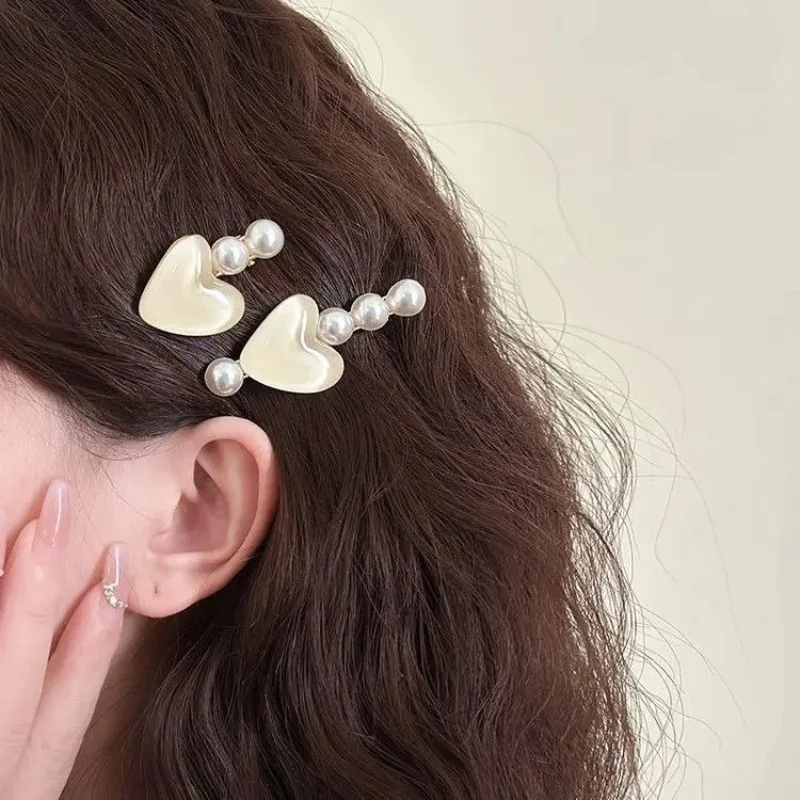 Заколка для волос принцессы с девичьим сердечком, заколка в виде утконоса с милым жемчугом, милая челка с краями, аксессуар для волос, женские заколки для волос для стильной заколки