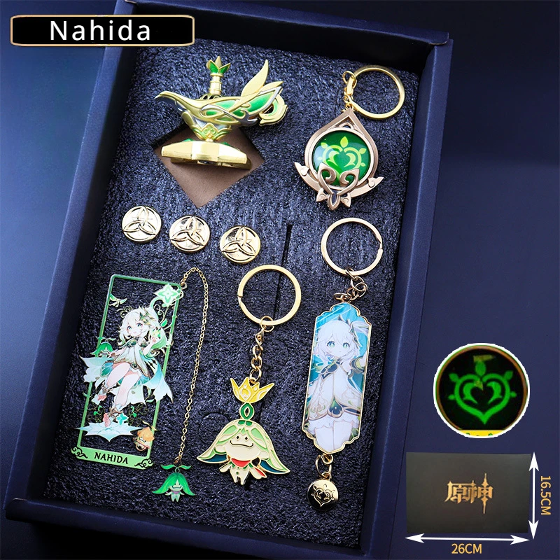 Anime Game Genshin Impact Luminous 7 Element Eye of God Klee Venti Zhongli Nahida Keychains Bookmark Mora Gold Coin Gift Box Set