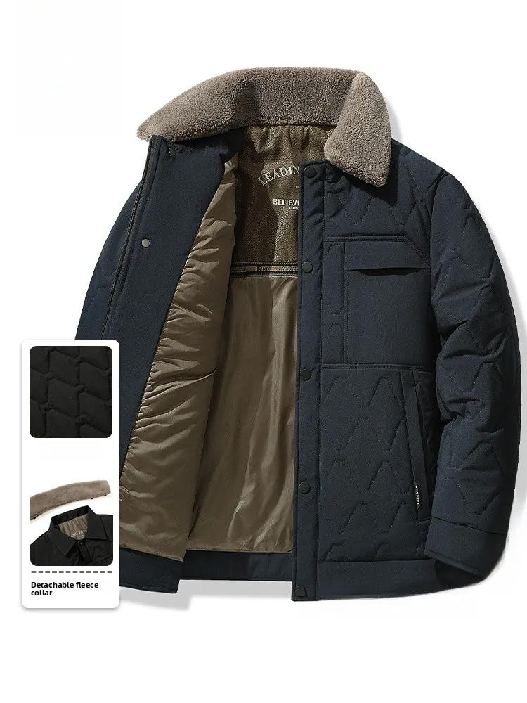 

Rn Men's Thiened Winter Cotton Jaet Removable Fur Collar Windproof Warm Faionable Mid-aged Busin Casual Coat