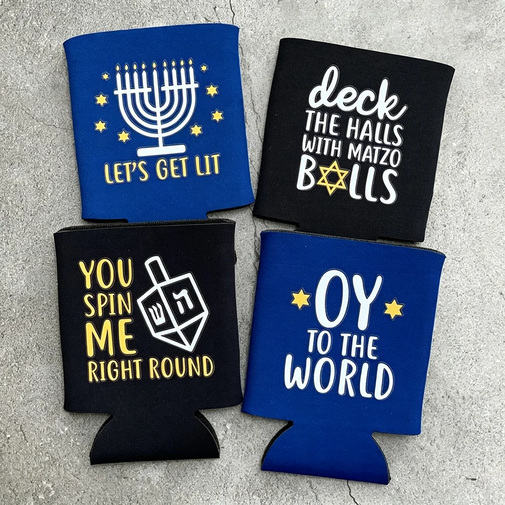 4Pcs Hanukkah Can Coolers Let's Get Lit Chanukiah Dreidel Design Chanukah Party Favor Desktop Decoration Jewish Holiday Supplies