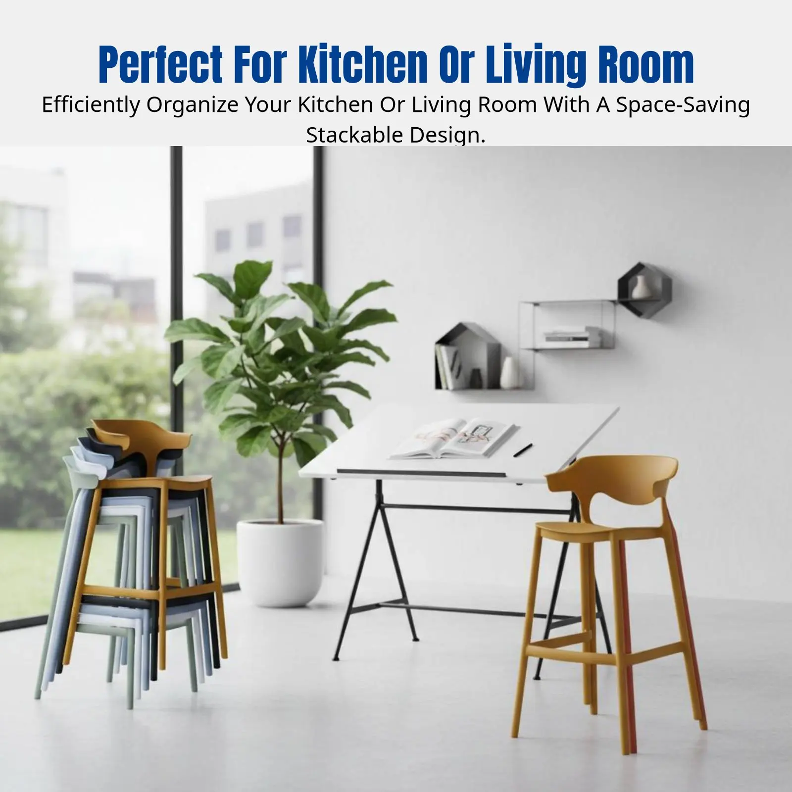 Nordic Bar Stool, Modern Minimalist Backrest Chair, Stackable Designer High Stool for Home Bar
