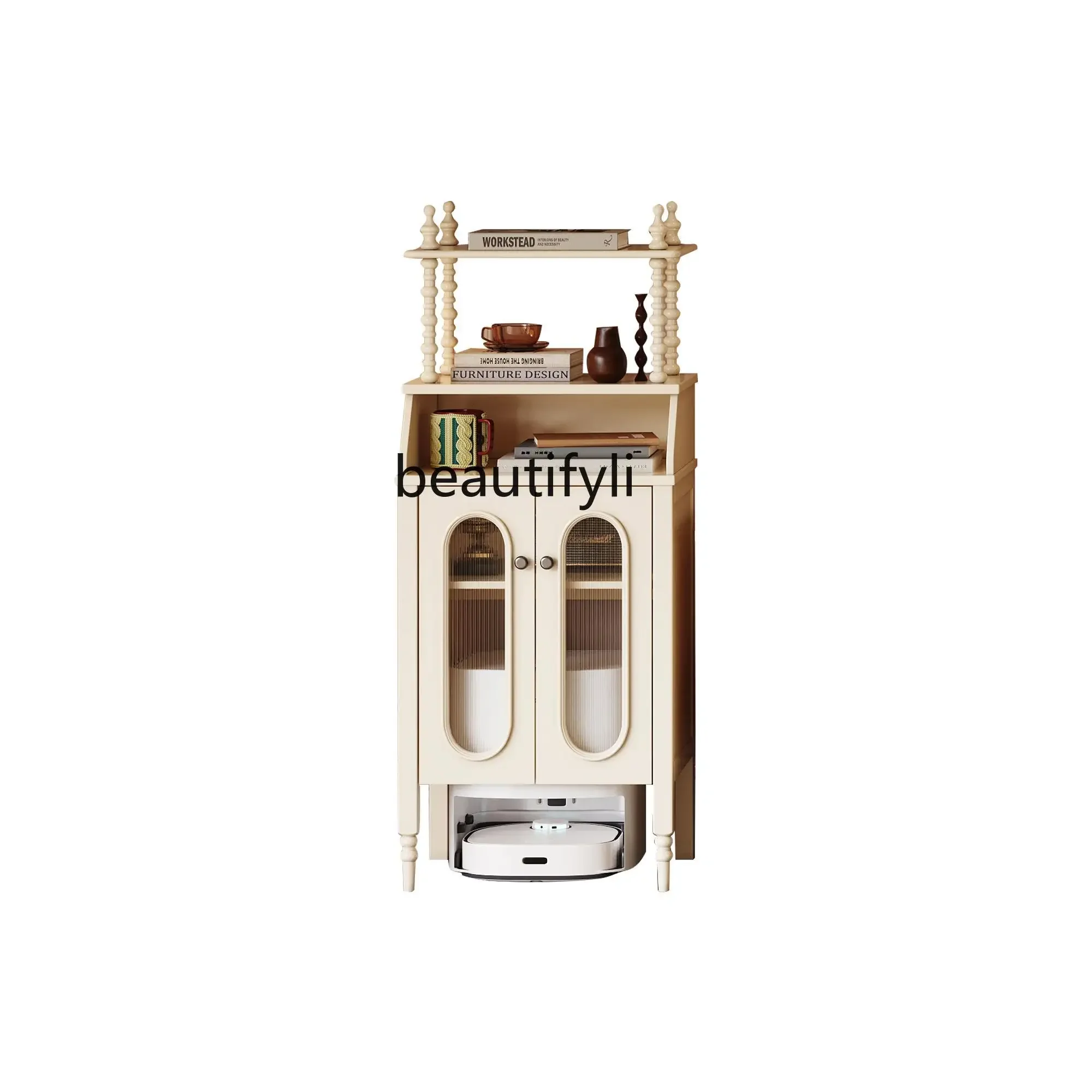 French solid wood sweeping robot locker next to TV ornament balcony, storage cabinet