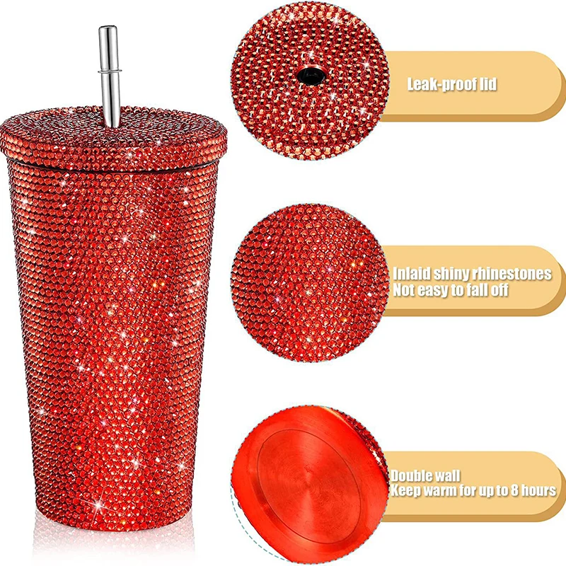 500ml Straw Cup With Lid Reusable Rhinestone Stainless Steel Double Layer Thermos Cups Women Glitter Cup Water Bottle Gift 2023