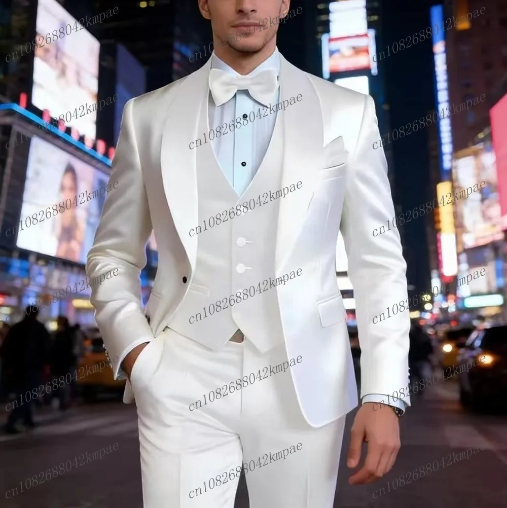 

Белый мужской костюм из ацетатного атласа для бизнеса, выпускного, официальных мероприятий, жениха, шафера, свадьбы, вечеринки, мужской смокинг, комплект из 3 предметов: пиджак, жилет, брюки