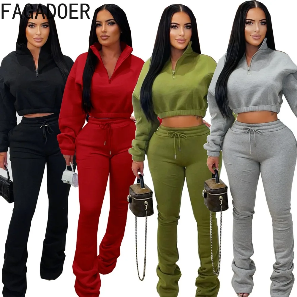 

FAGADOER Fashion Two Piece Outfits Woman Solid Color Long Sleeves Crop Sweater and Stacking Pants Matching Female Streetwear New