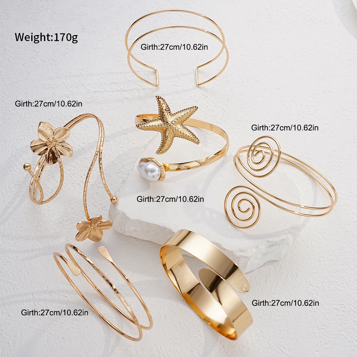 6-teiliges Set Boho Blumen-Seestern Spiral-Armreifen für Frauen Mehrschichtige Geometrische Verstellbare Armreifen Täglicher Schmuck Neu – Detail 2