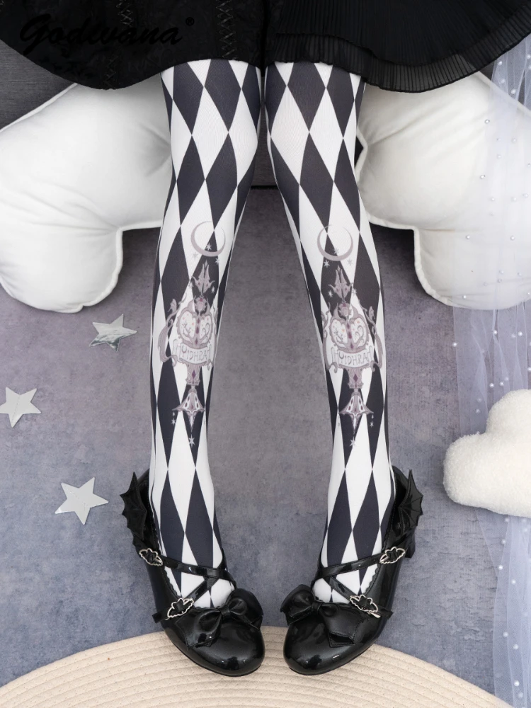 Halloween Cosplay Lolita Pantyhose Rhombus Digital Printing Girl Women's Vintage Long Socks Tights Gothic Pantyhoses