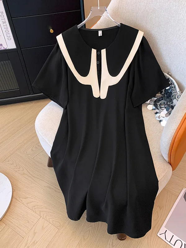 150Kg Plus Size Women's Bust 160 Summer Loose Short Sleeved Doll Collar Straight Tube Dress Black Purple 5XL 6XL 7XL 8XL 9XL