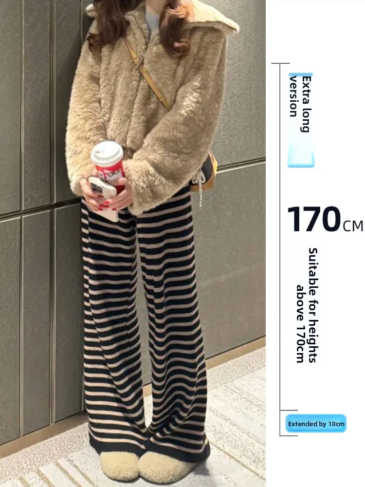 

Thiened Wide Leg Pants Women's Casual Striped Leisure Trousers Autumn Winter Long Korean Sle Drapey Floor-Length Pants