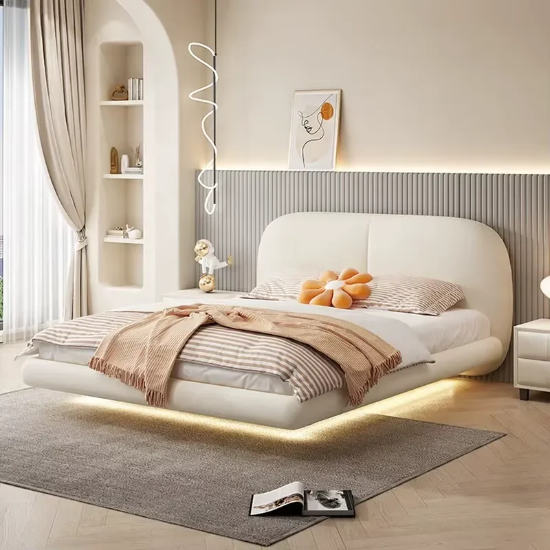 Italian Minimalism Creamy Style Smart Floating Bed: Leather Upholstery, LED - Lit Floating Base, Solid Wood Stability