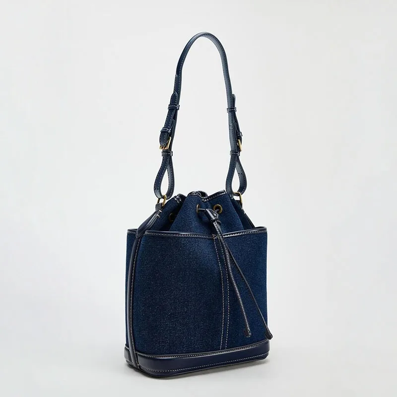 Vintage Denim Bucket Bag Designer Canvas Women Shoulder Bags Drawsting Panelled Crossbody Bag Small Tote Shopper Purses