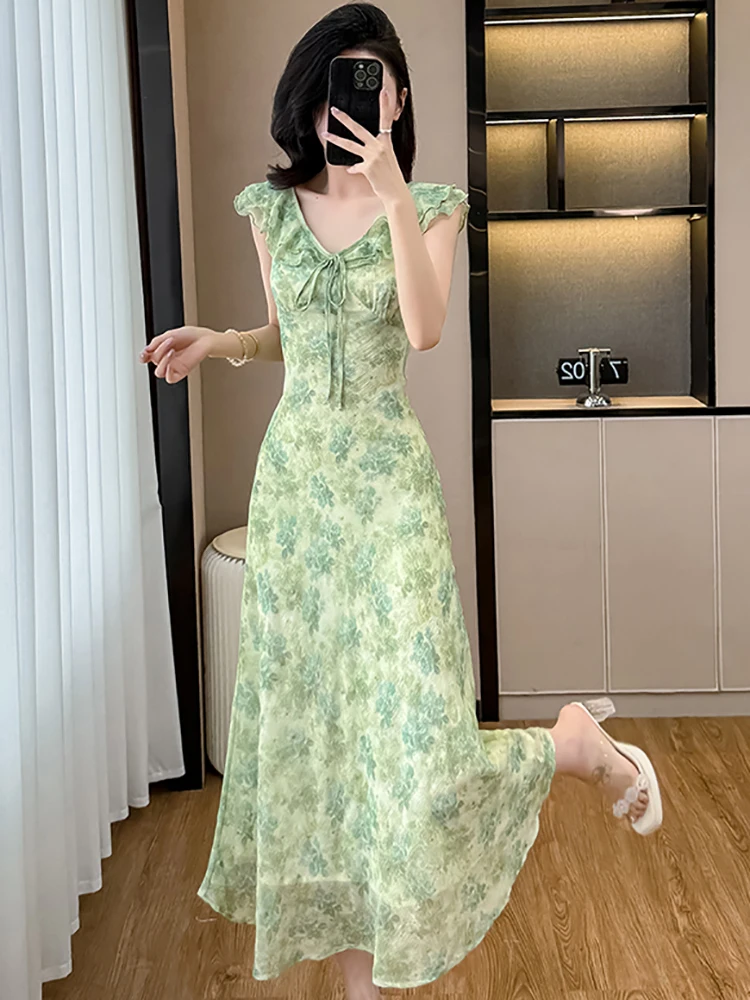 여성 그린 플로럴 쉬폰 시크 보우 러플 V넥 섹시 드레스 여름 우아한 캐주얼 비치 드레스 2025 한국 바디콘 파티 드레스
