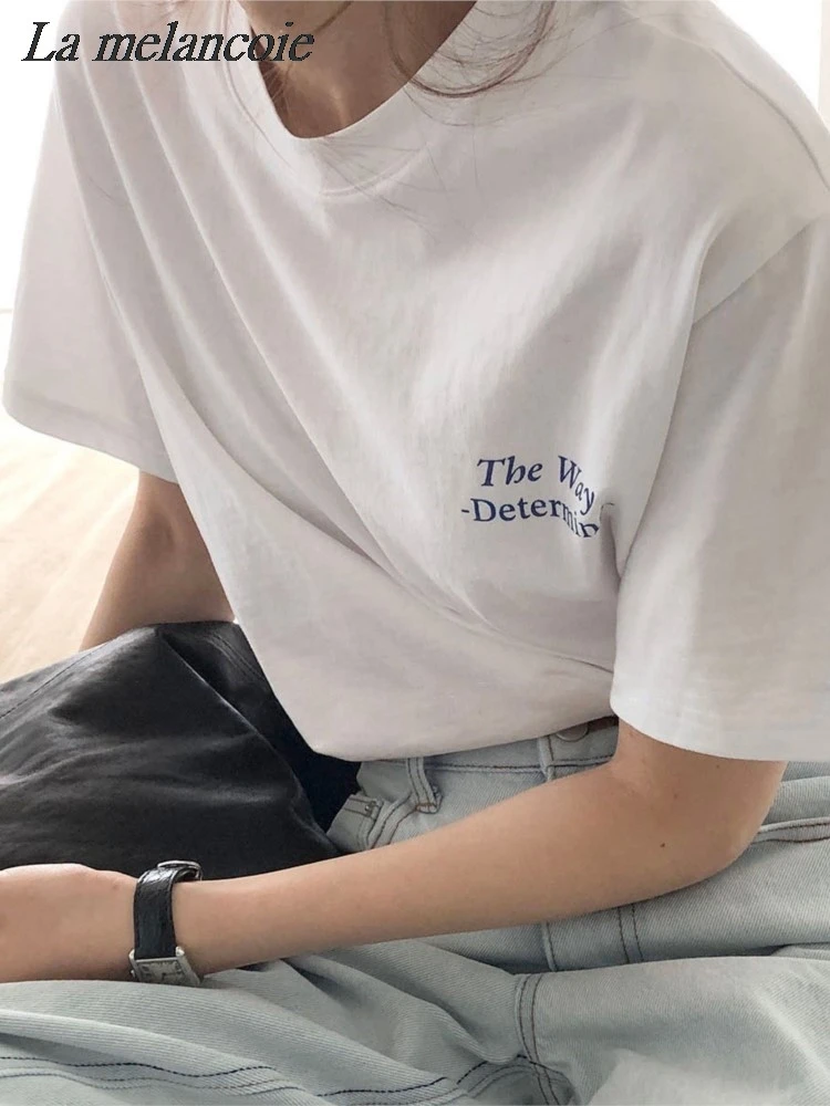 

White Cotton T-Shirts For Woman Casual Loose Letters Printed T-shirt Summer 2024 New Fashion Short Sleeve O-Neck Grey Tee Tops