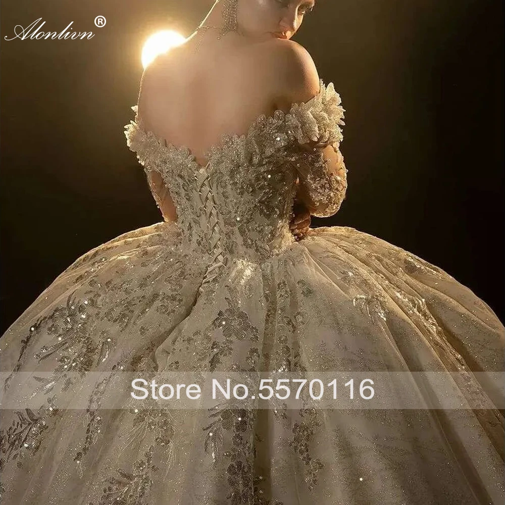 Alonlivn فساتين زفاف فاخرة مطرزة حسب الطلب من الدانتيل اللامع بدون أكتاف وأكمام طويلة فساتين زفاف
