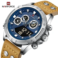 NAVIFORCE Top Brand Man Watches Dual Display Luminous Business Wrist Watch for Men Genuine Leather Strap Sport Quartz Male Clock