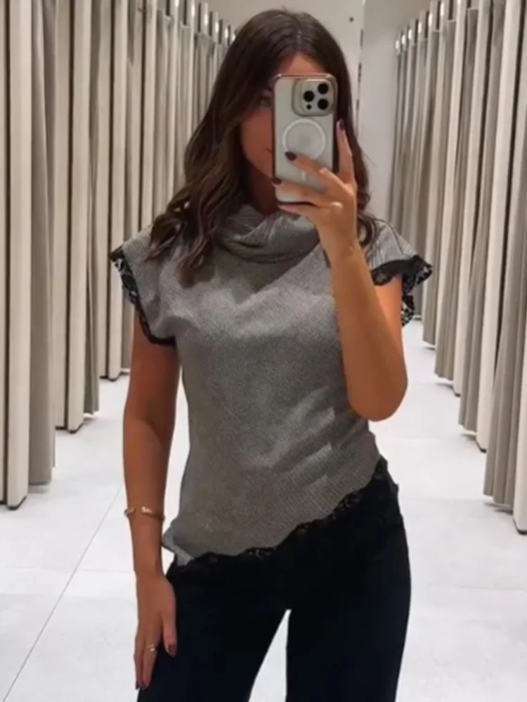 

HH женский новый модный универсальный воротник-стойка без рукавов с узором «гусиные лапки» кружевной лоскутный топ женский шикарный топ без рукавов с асимметричным подолом