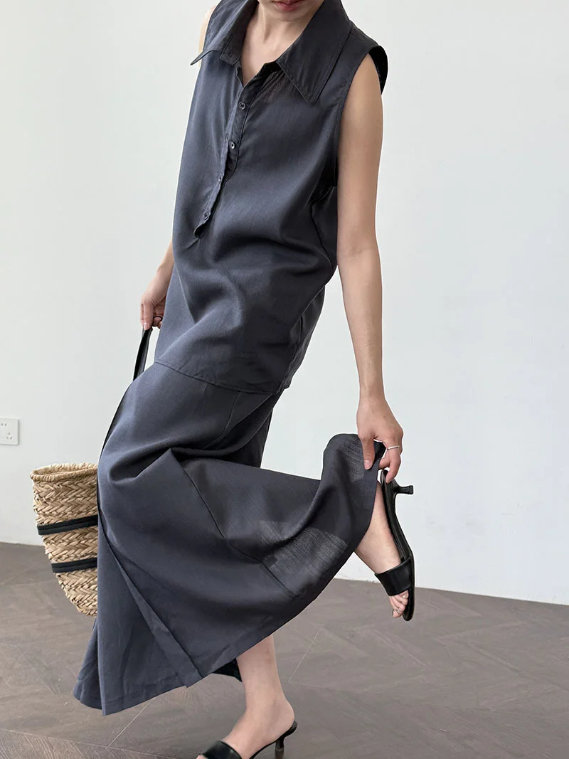 

Cotton and linen retro sleeveless shirt+pleated skirt for women, versatile loose top with belt included, 2-piece set for women