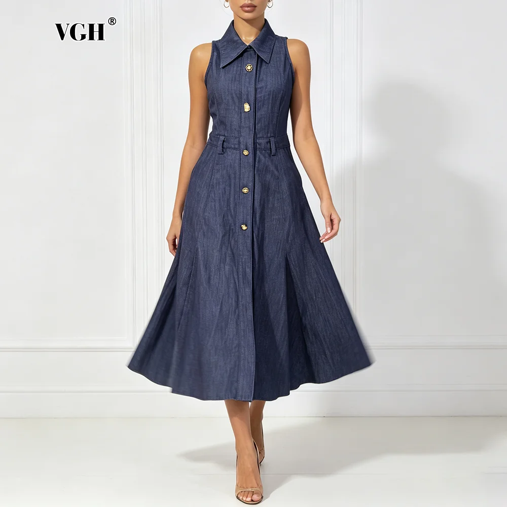 VGH Elegant Dark Blue Denim Midi Dress for Women Shirt Collar Sleeveless Front Button A Line Swing Dress for Daily Office Outing