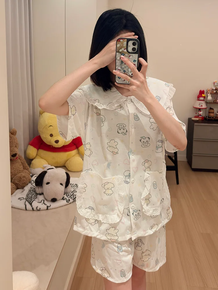 綿人形襟付きパジャマ女性の半袖ホーム服セットかわいい漫画犬学生女の子アウター適切な春夏