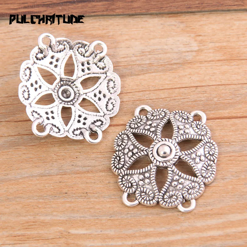 PULCHRITUDE 6pcs 28*30mm New Product Two Color Zinc Alloy Hollow Flower Porous Connectors Jewelry Making DIY Handmade Craft