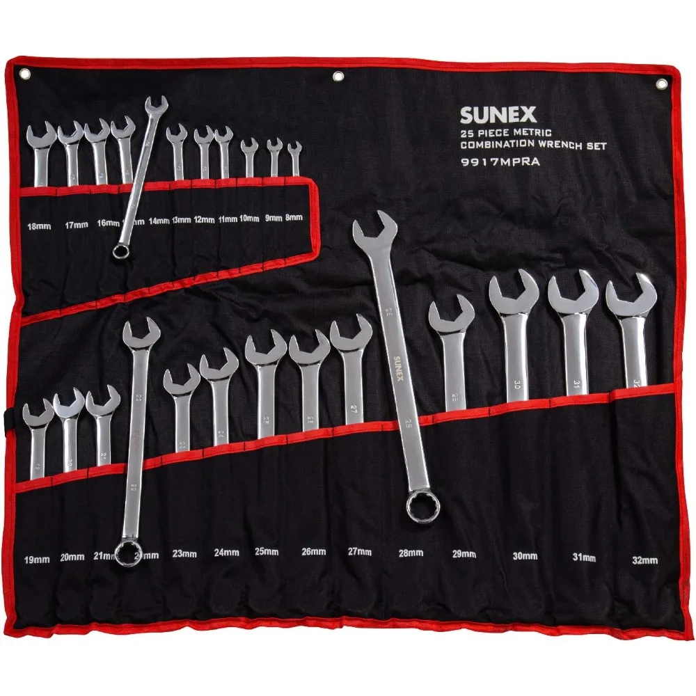 

Metric V-Groove Combination Wrench Set, 8mm to 32mm, 25-Piece with Polished Finish and Roll-Up Case