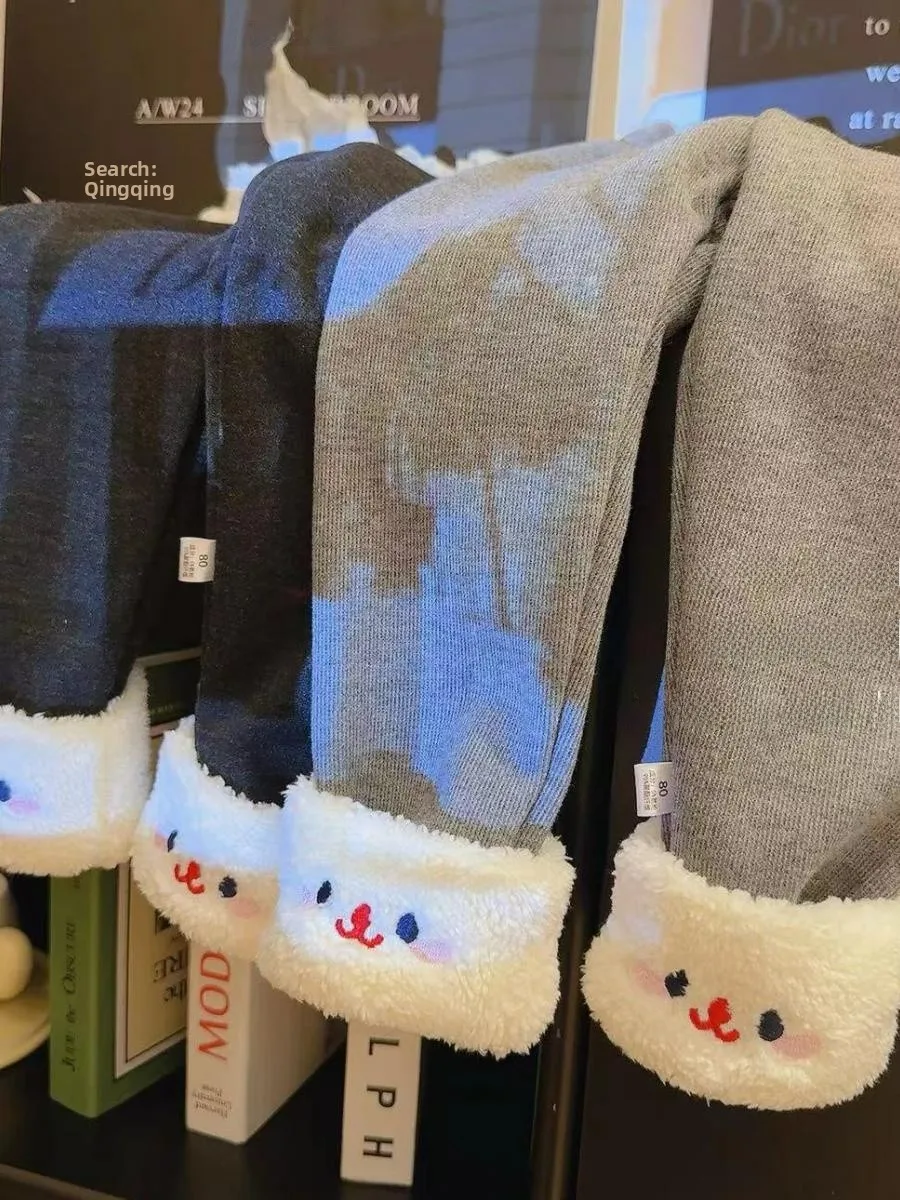 

Корейские зимние брюки Sle Fce Lined Thiened для девочек, повседневные брюки с мультяшным принтом, модные и универсальные