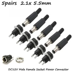 5 Pair DC 12V Male Female Socket Panel Mount Barrels Jack. Plug Power Connector Female Jack. Screw Nut Panel Mount Connector