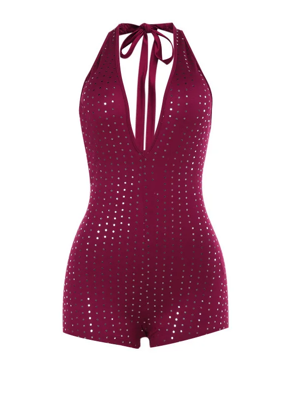 Ele Sexy Slim Fit Diamond Embellied Deep V Ne Piece Pants Women's Faion High Waist ort Straight Cut Polyester...