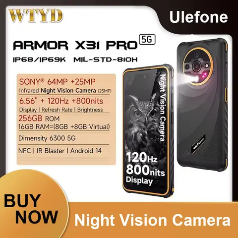 Ulefone Armor X31 Pro 5G Rugged Phone 8GB+256GB 6.56'' Android 14 Night Camera 64MP 6050mAh Dimensity 6300 NFC Smartphone