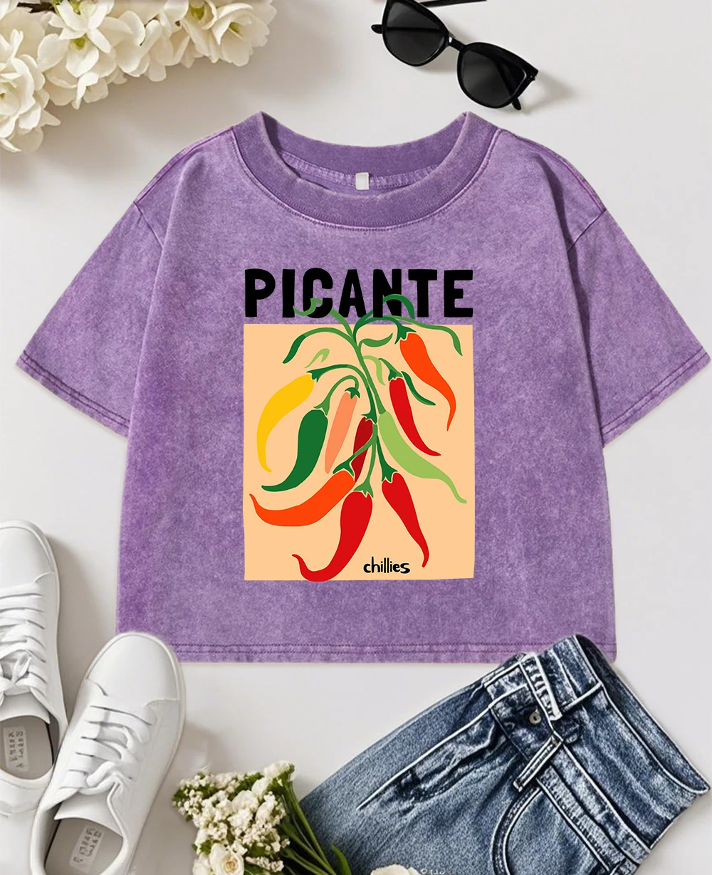 

Picante Chillies Print Women Washed Slim T-Shirt Summer Casual Short Sleeve Cotton All-Match Y2K T Shirts Soft Hip Hop Top