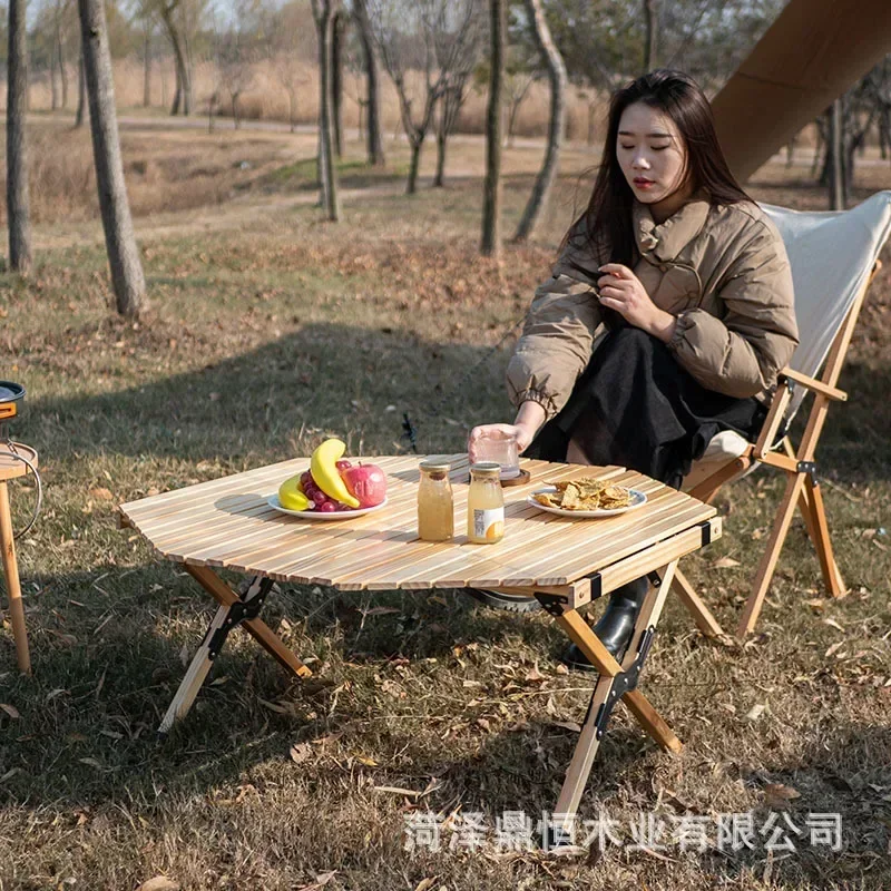 Outdoor Solid Wood Egg Roll Table Foldable Wood Dining Table Portable Mountain Camping Self-driving Tour Camping BBQ