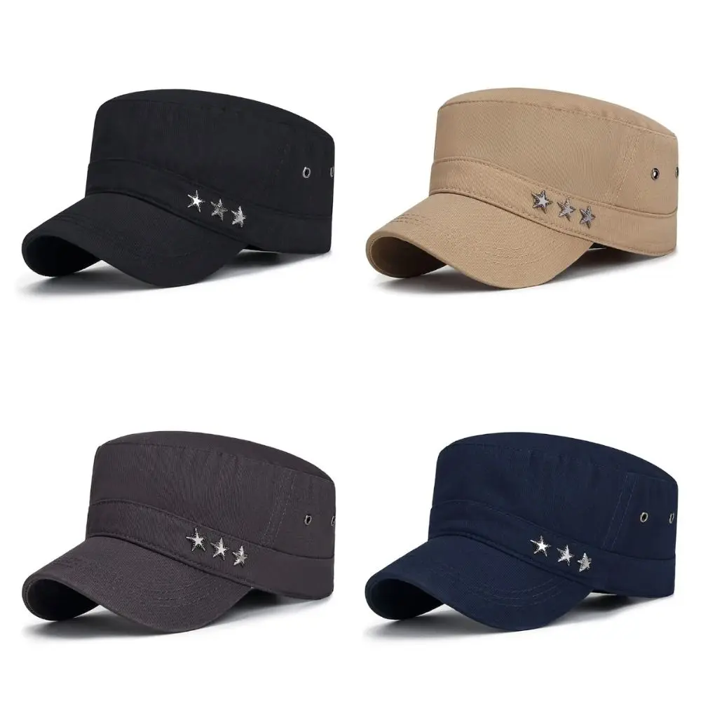 Casual Cotton Flat Top Hat Stars Solid Adjustable Baseball Cap Visor Fishing Cadet Hat Men Sunscrean