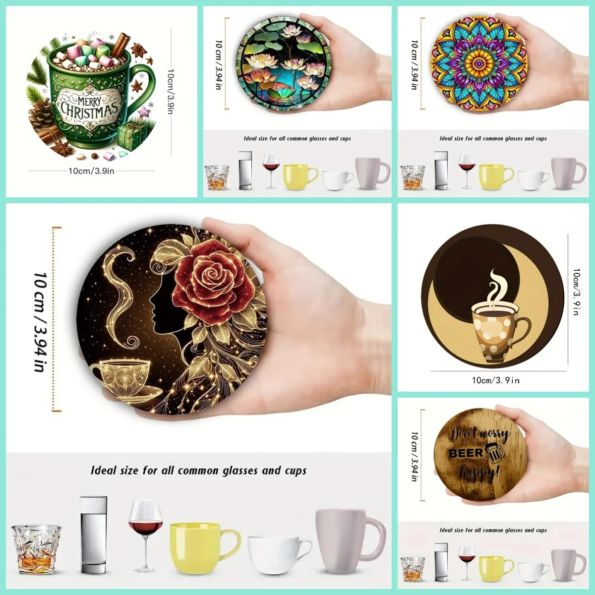 5/8/6 Pieces of Round Coaster Mandala, Coffee Cup Pattern, Unique Wooden Material Design, Essential for Tea Set in Home Living