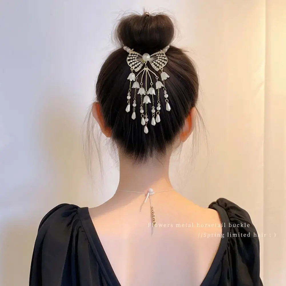 Flower Tassel Hair Clip Women Ladies Butterfly Rhinestone Pearl Metal Hair Claw Round Bun Ponytail Holder Hair Accessories