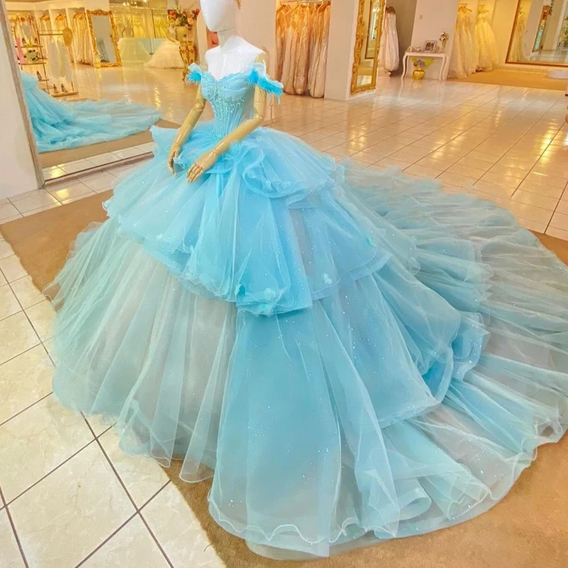 Sky Blue Glitter Quinceanera Dresses Charming Princess Beads Crystal Tull Tiered Off The Shoulder Sweet 16 Dress Vestidos De 15