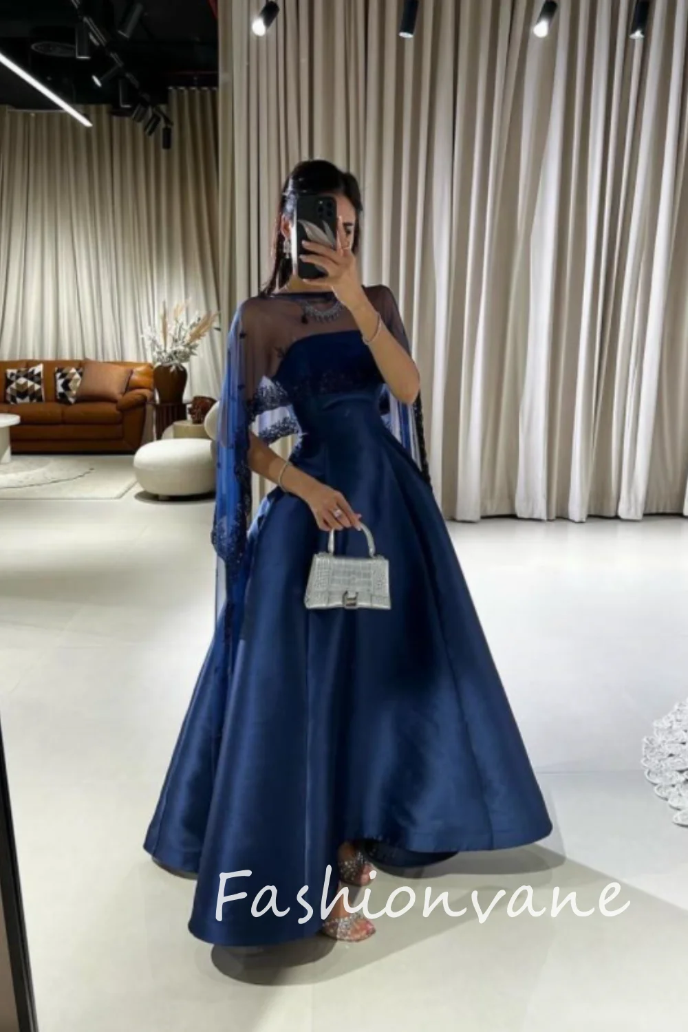 Fashionvane Saudi Arabia Women Wear Long Sleeves Prom Dresses with Beaded Pleats Birthday Party Evening Formal Occasion Dress