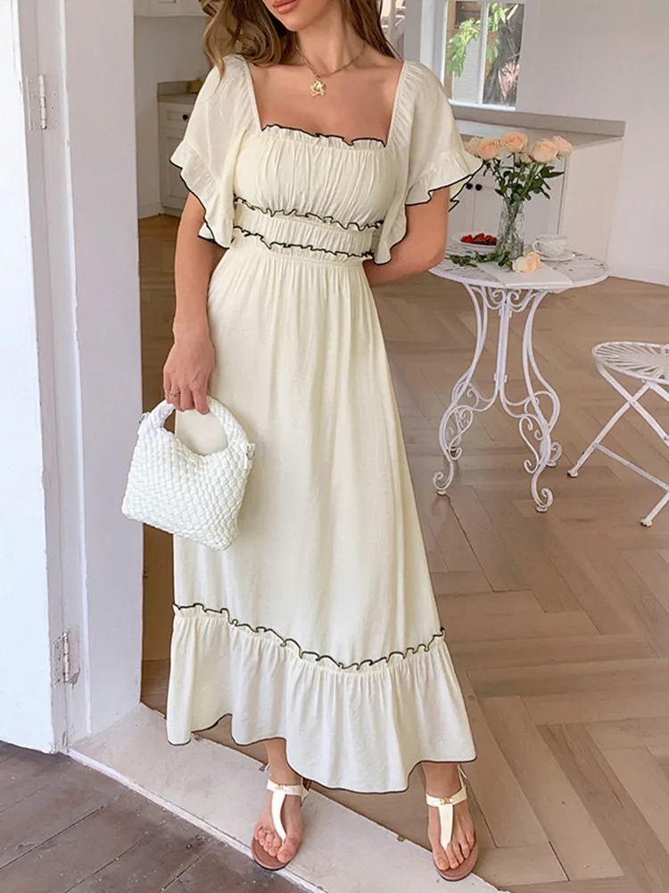 

SKMY Leisure Vacation Short Sleeve Simple Long Dresses Clothes For Women Summer 2025 New Square Collar Ruffles Midi Dresses
