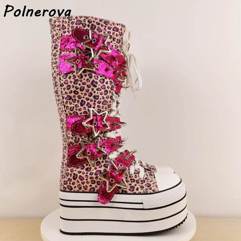ليوبارد المسامير الوردي الأحذية جولة تو منصة سميكة سوليد المشارب عبر تعادل منتصف العجل الأحذية الخماسي مشبك الشتاء أحذية مثيرة #3